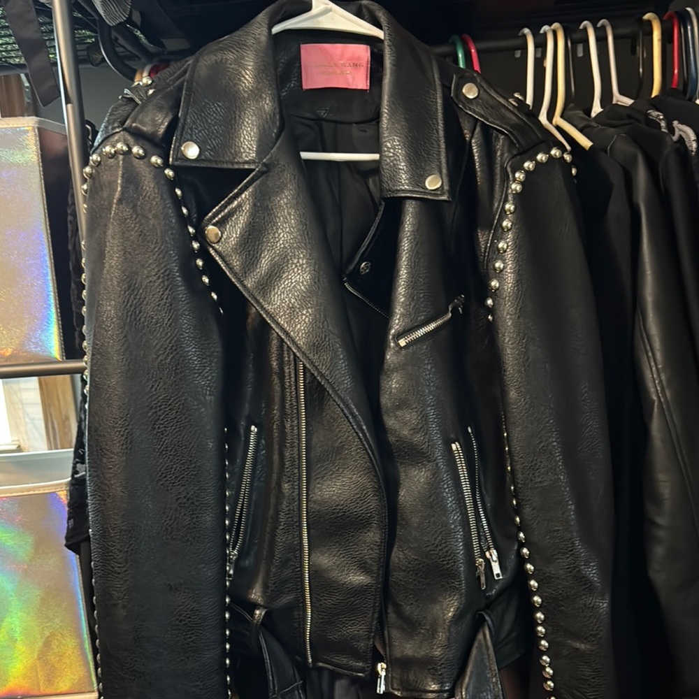 Black Moto Leather Jacket with Metallic Detailing